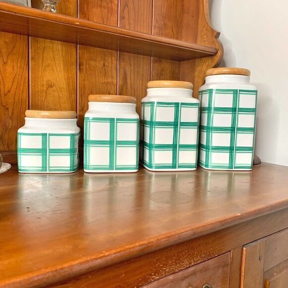 Vintage Lillian Vernon Bright Farmhouse Kitchen Fruit Canister Wood Lid Set of 4 - Picture 4 of 12